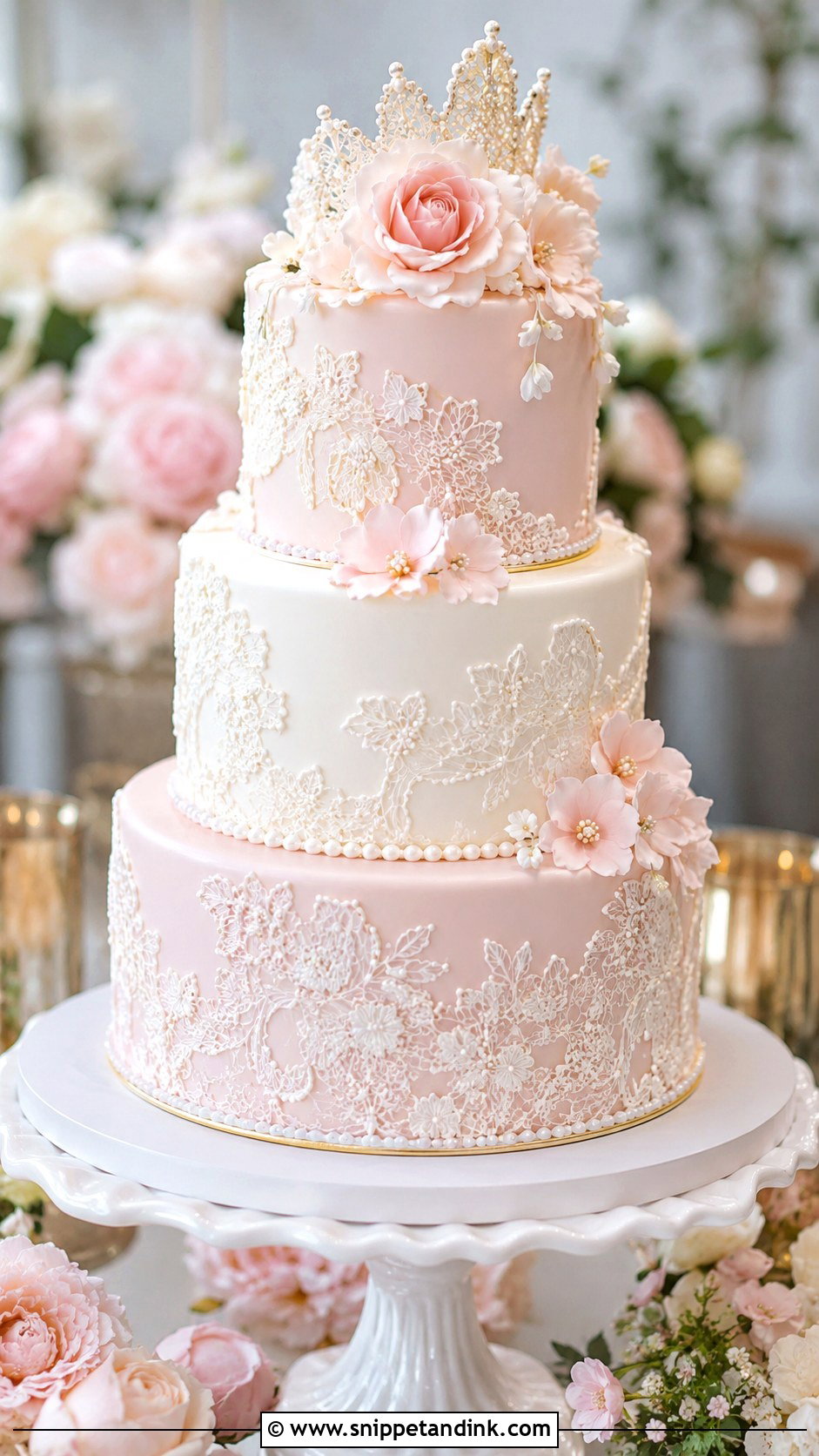Pink White Gold Lace Wedding Cake - Snippet and Ink - 20 Pink White Gold Cake Ideas for Wedding