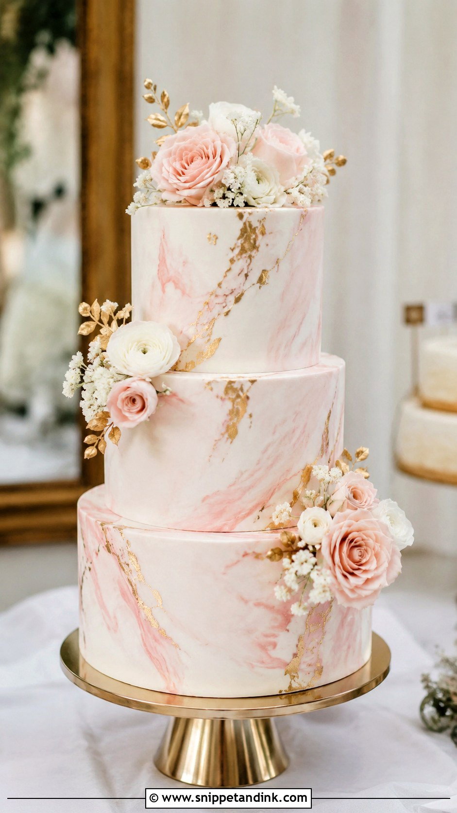 Pink White Gold Marble Wedding Cake - Snippet and Ink - 20 Pink White Gold Cake Ideas for Wedding