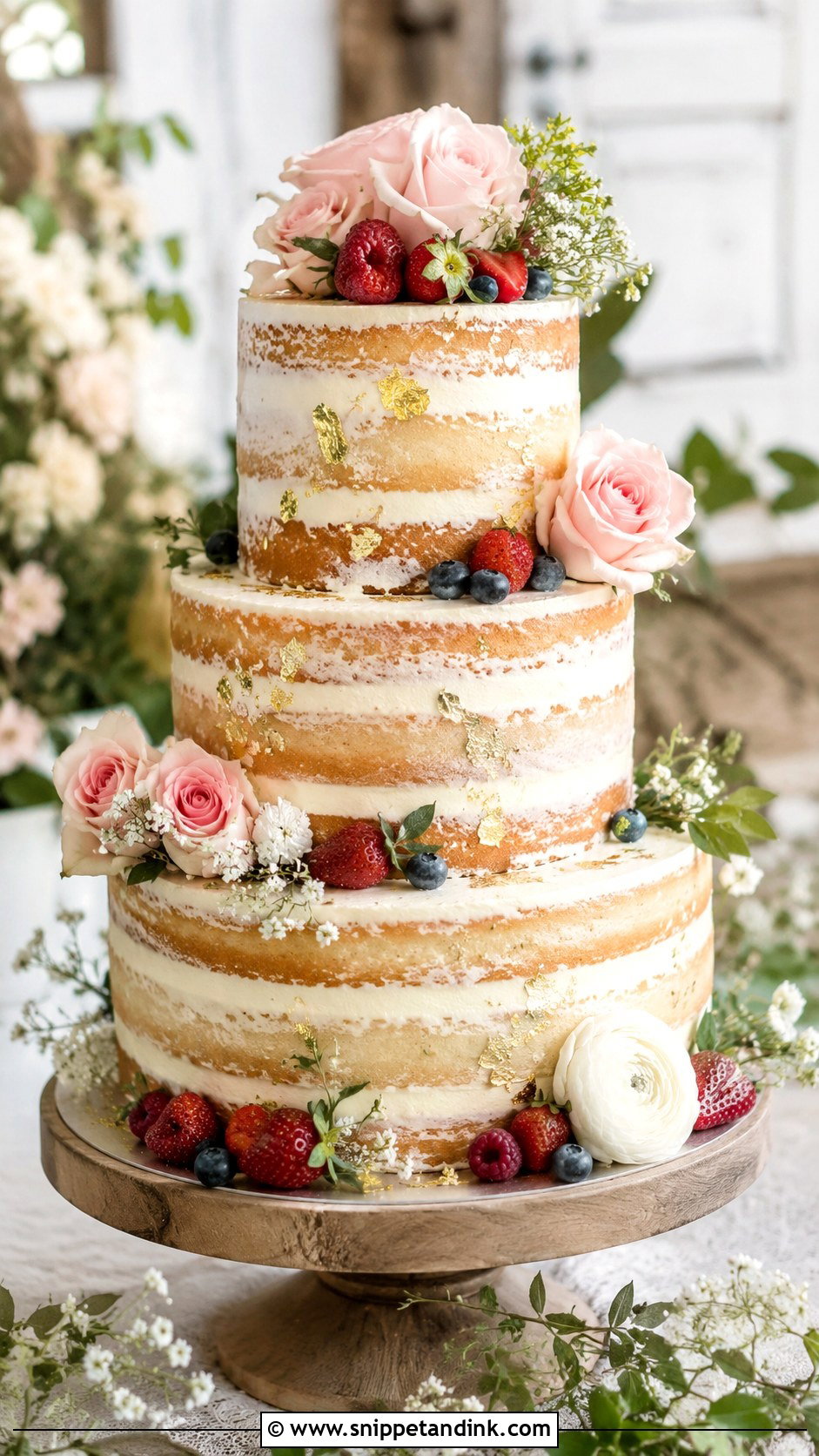 Pink White Gold Naked Wedding Cake - Snippet and Ink - 20 Pink White Gold Cake Ideas for Wedding