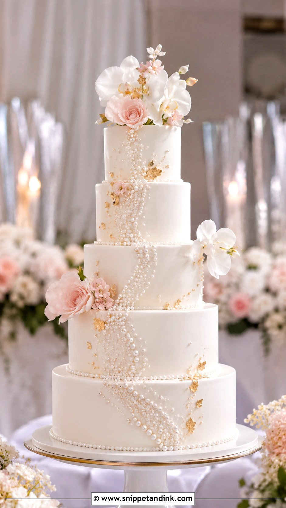 Pink White Gold Pearl Wedding Cake - Snippet and Ink - 20 Pink White Gold Cake Ideas for Wedding