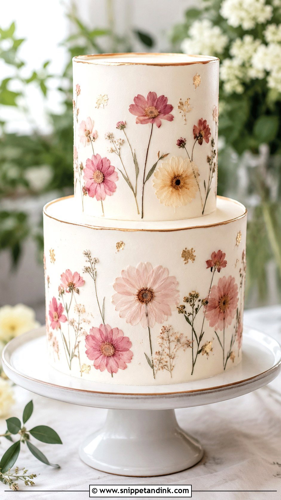 Pink White Gold Pressed Flower Wedding Cake - Snippet and Ink - 20 Pink White Gold Cake Ideas for Wedding