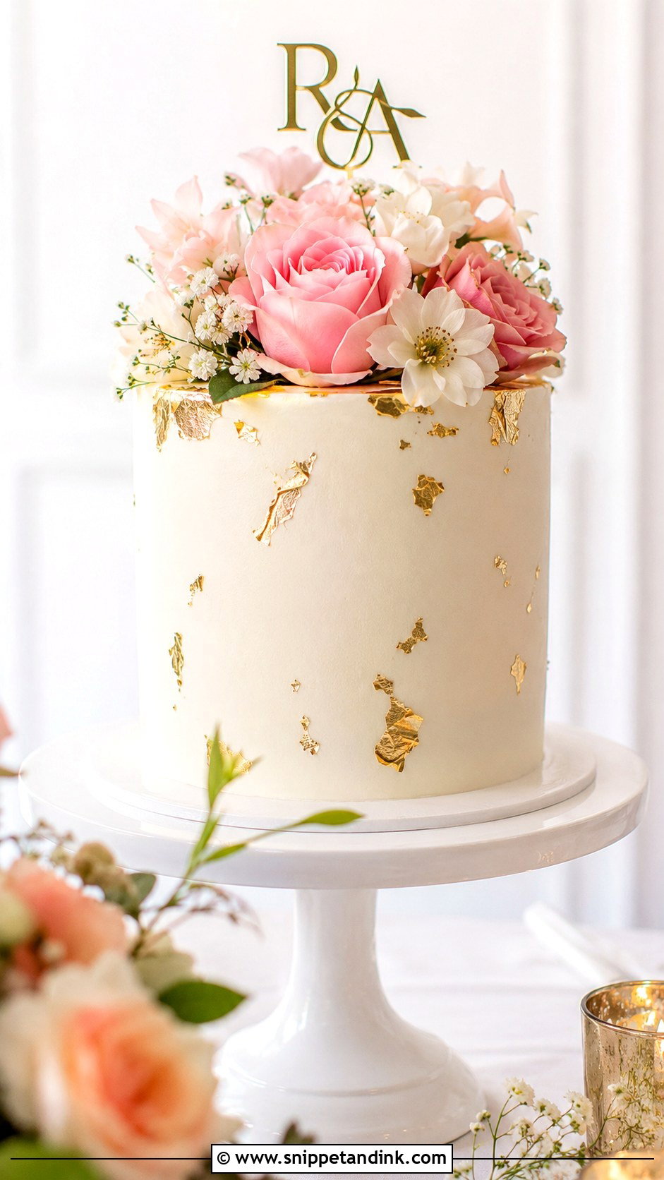 Pink White Gold Single Tier Wedding Cake - Snippet and Ink - 20 Pink White Gold Cake Ideas for Wedding