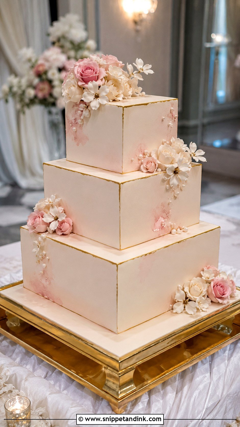 Pink White Gold Square Wedding Cake - Snippet and Ink - 20 Pink White Gold Cake Ideas for Wedding