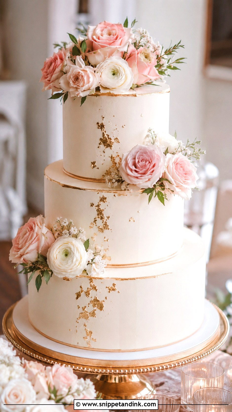 Pink White Gold Tiered Wedding Cake - Snippet and Ink - 20 Pink White Gold Cake Ideas for Wedding