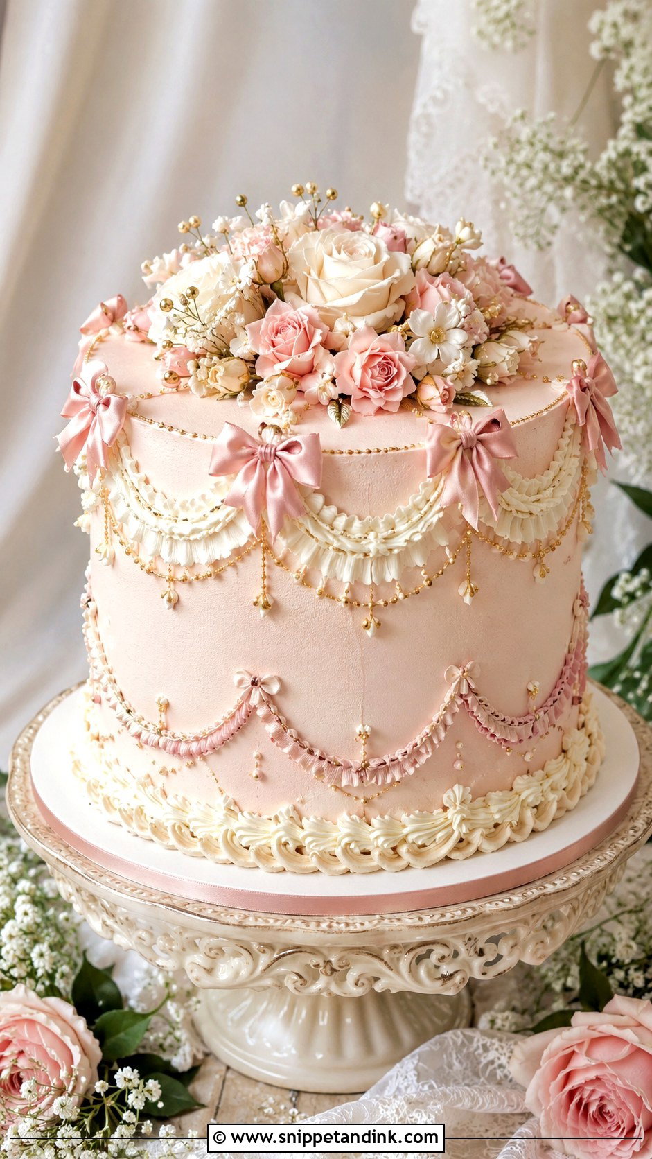 Pink White Gold Vintage Wedding Cake - Snippet and Ink - 20 Pink White Gold Cake Ideas for Wedding