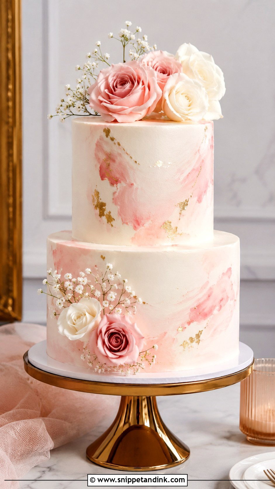 Pink White Gold Watercolor Wedding Cake - Snippet and Ink - 20 Pink White Gold Cake Ideas for Wedding