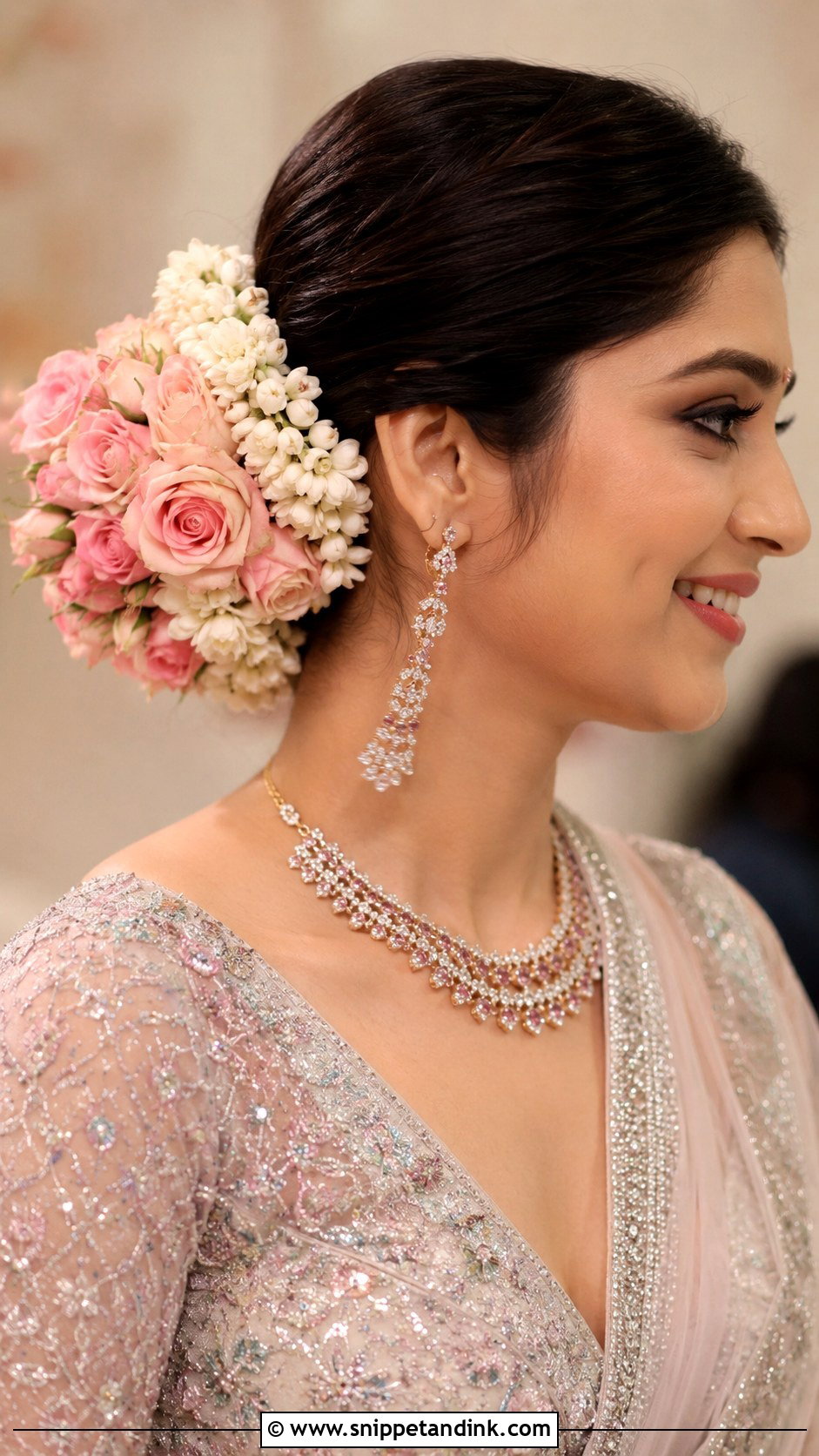 Pink and White Veni for Reception Brides - Snippet and Ink - 20 Flower Veni for Hair Indian Brides Ideas