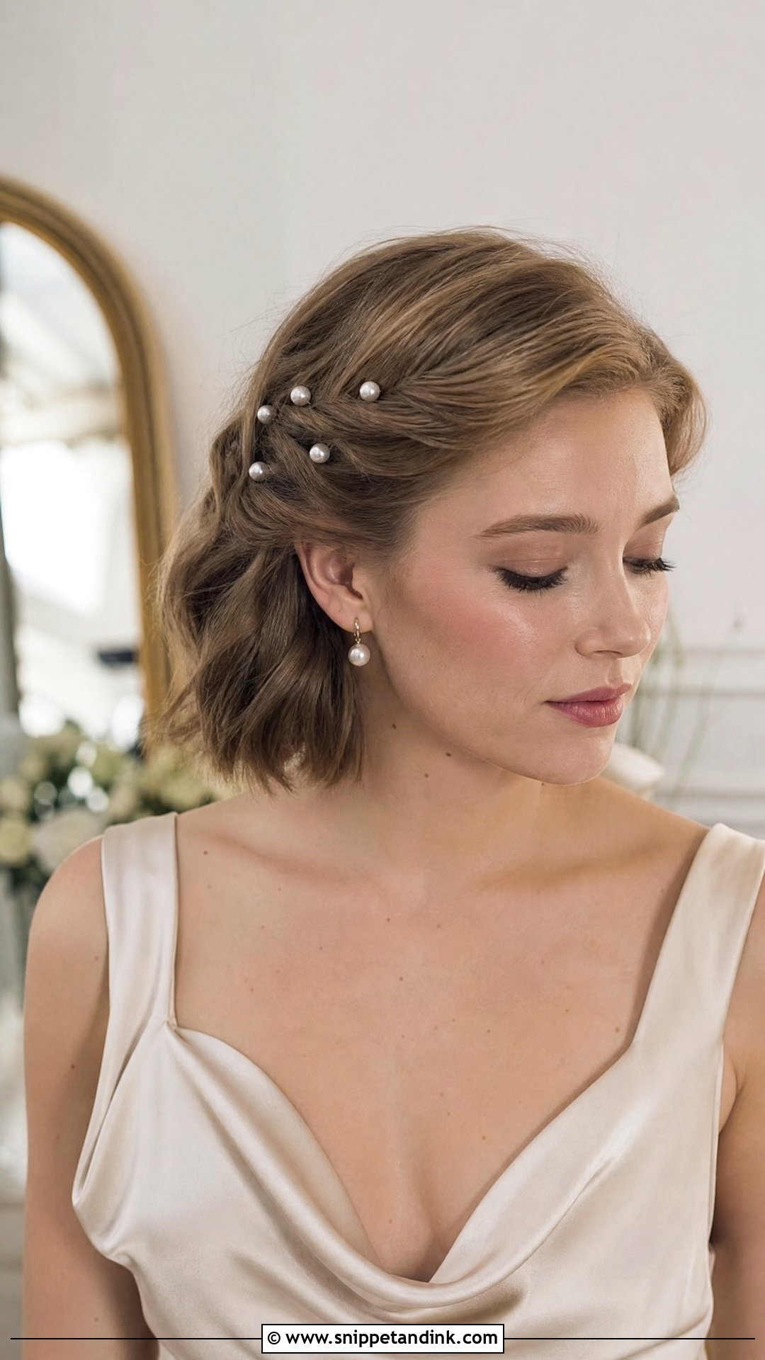 Pinned Back Bob With Pearl Accents - Snippet and Ink - 20 Short Hair Bridal Styles