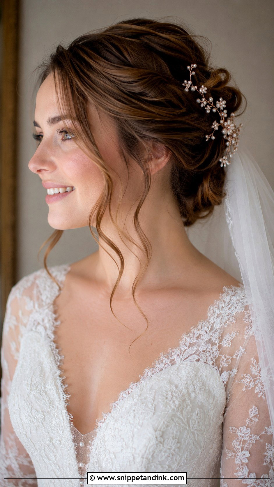 Pinned Back Bridal Hairstyle With Tendrils - Snippet and Ink - 25 Bridal Hair Inspo Ideas
