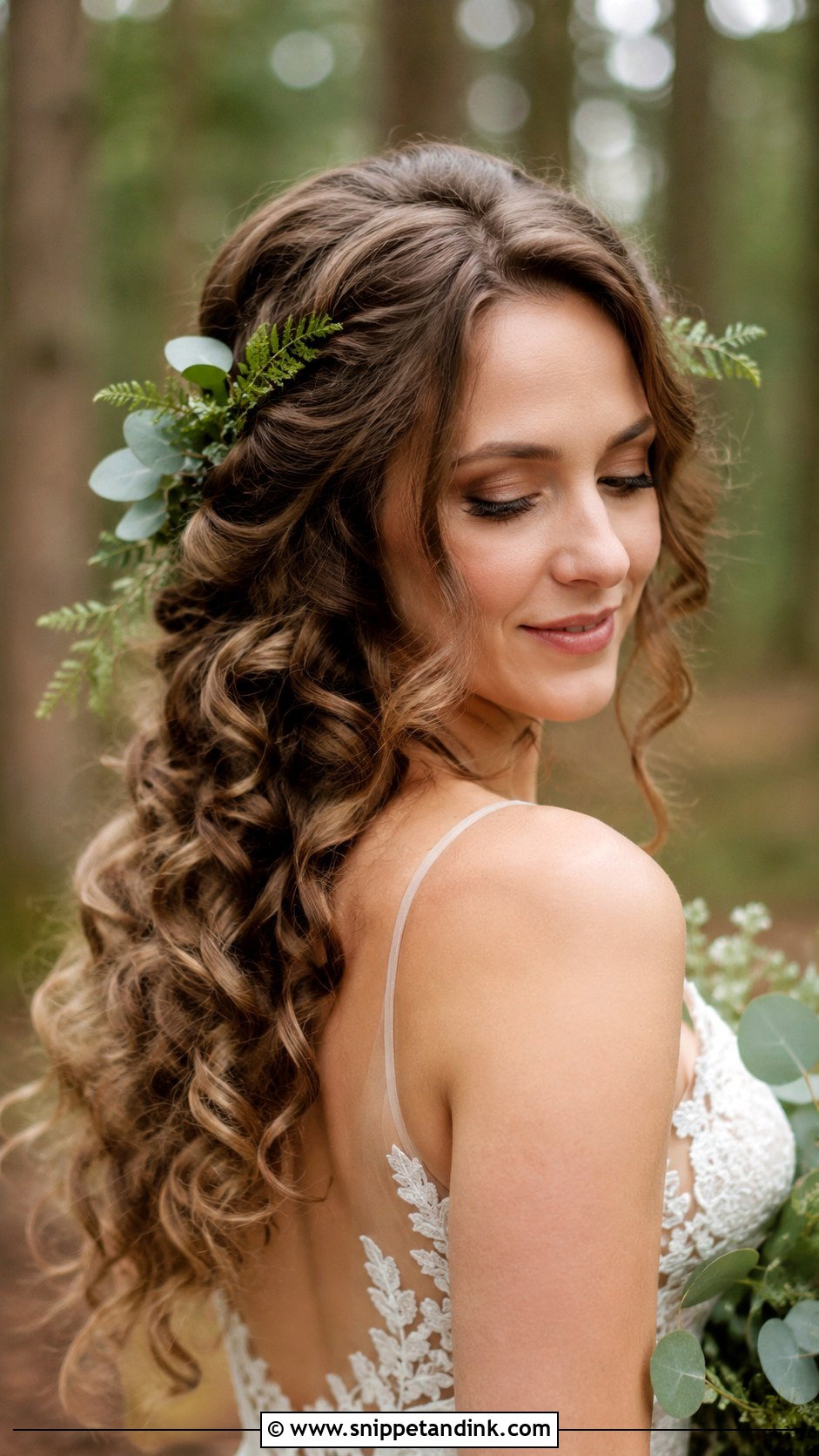 Pinned Back Curls With Greenery - Snippet and Ink - 30 Boho Bridal Hair Ideas