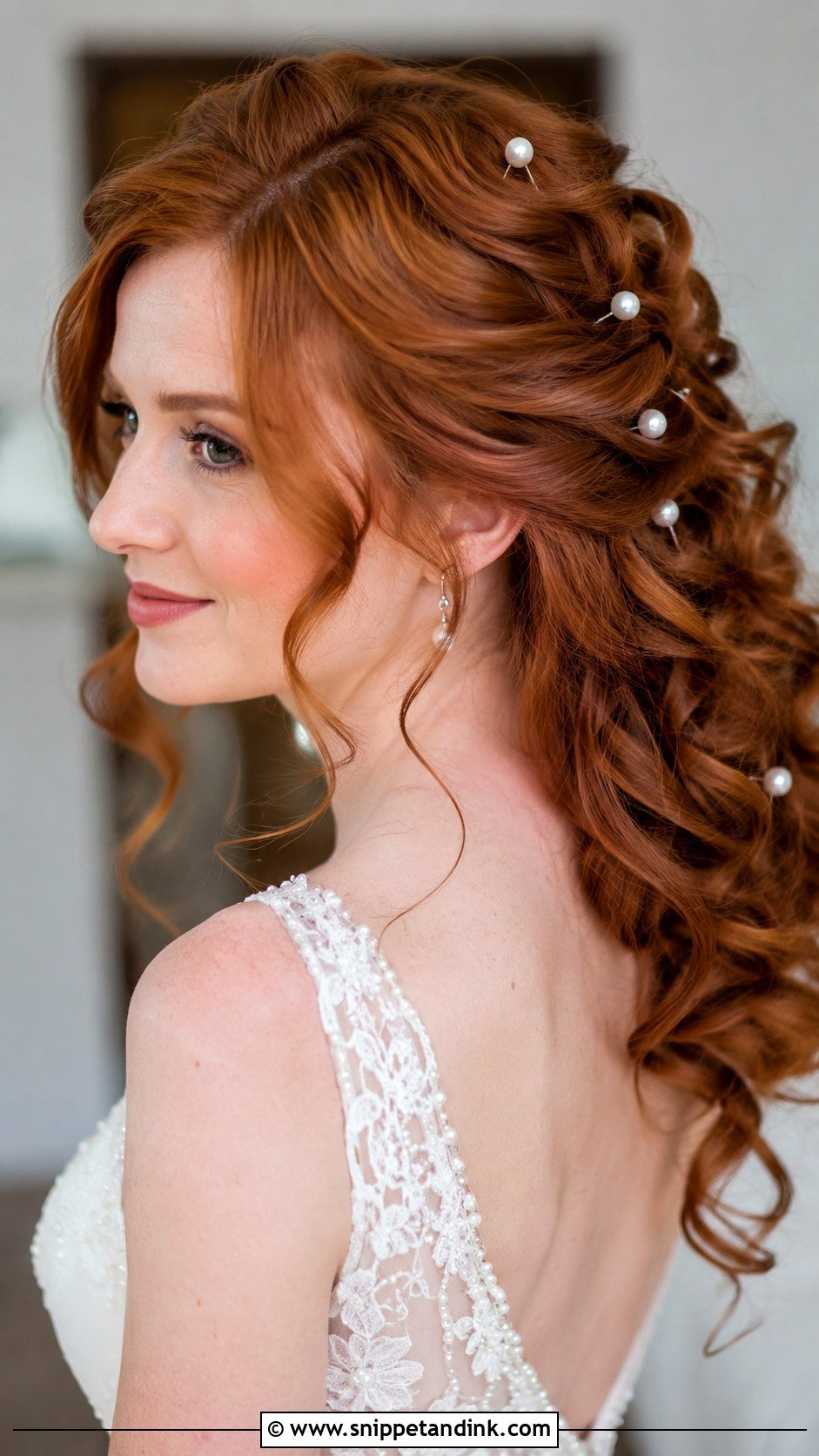 Pinned Back Curls With Pearls - Snippet and Ink - 25 Medium Length Wedding Hairstyles