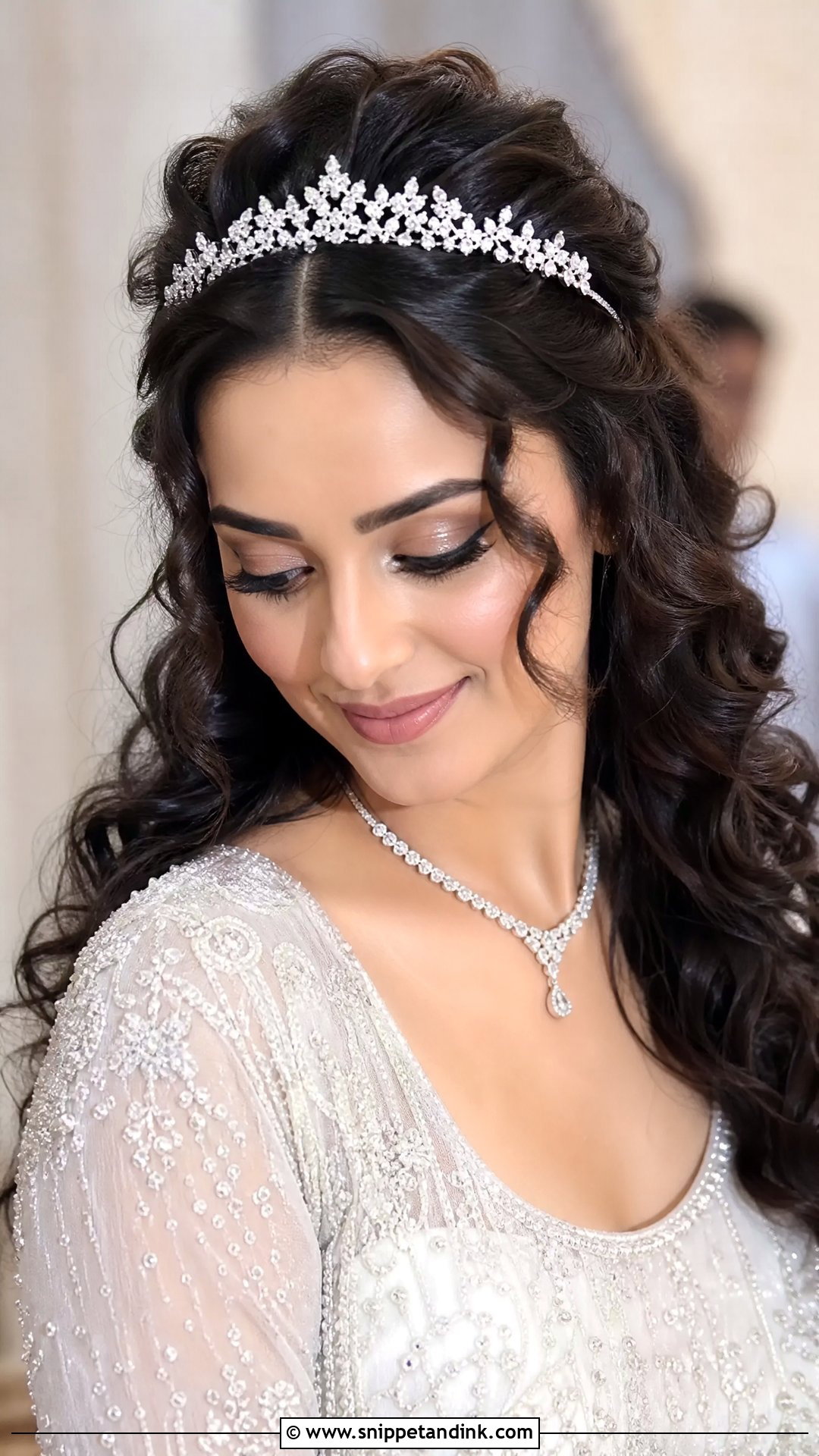 Pinned Back Curls With Tiara - Snippet and Ink - 30 Sangeet Hairstyles for Bride