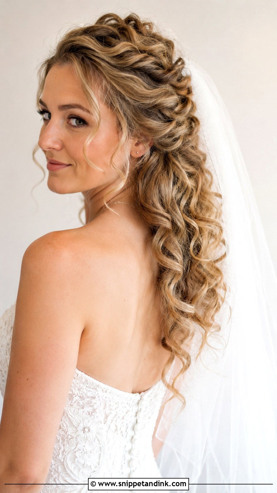 Pinned Back Curls With Veil - Snippet and Ink - 20 Round Face Wedding Hairstyles