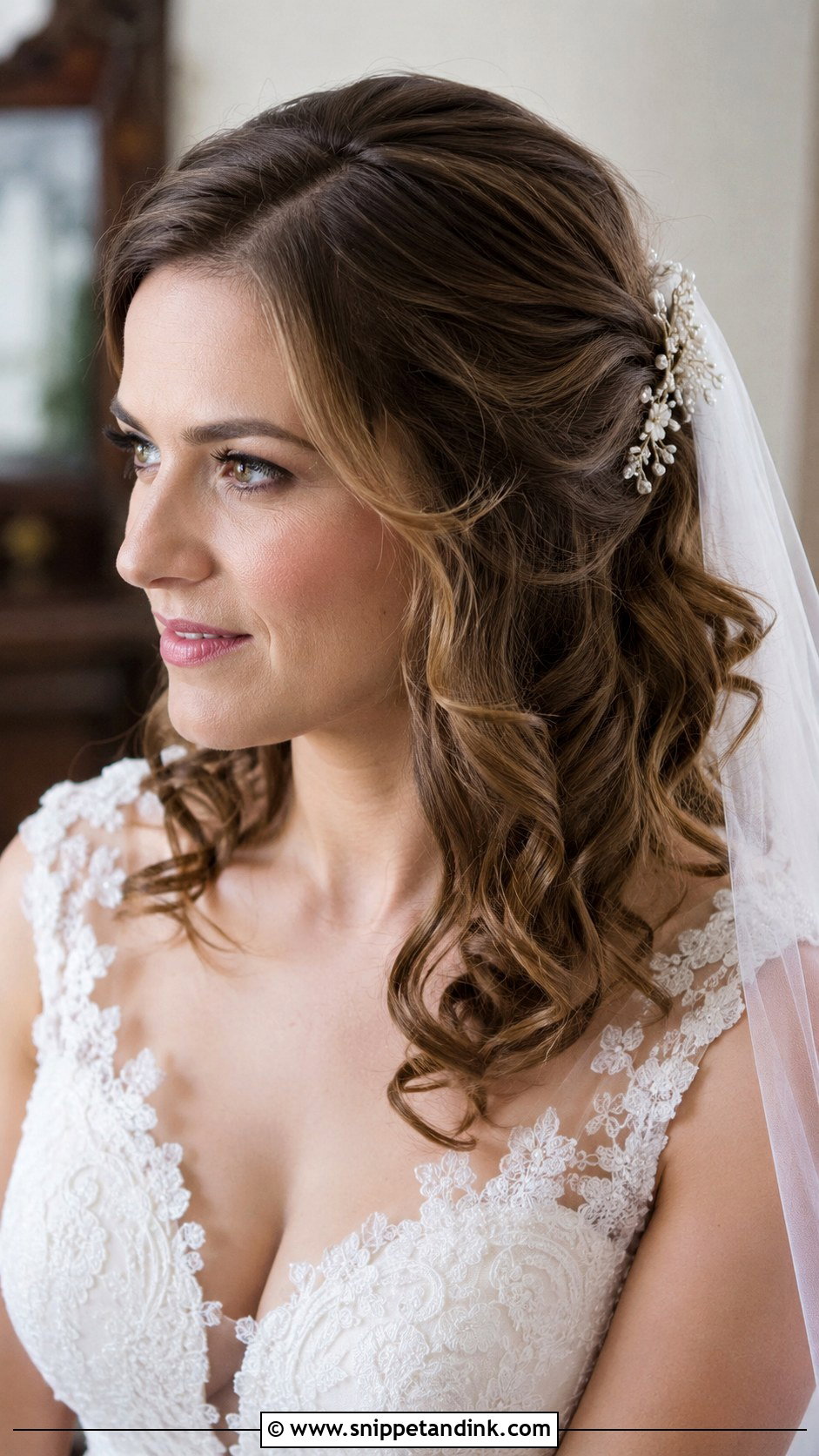 Pinned Back Curls with Veil - Snippet and Ink - 25 Medium Length Bridal Hairstyles