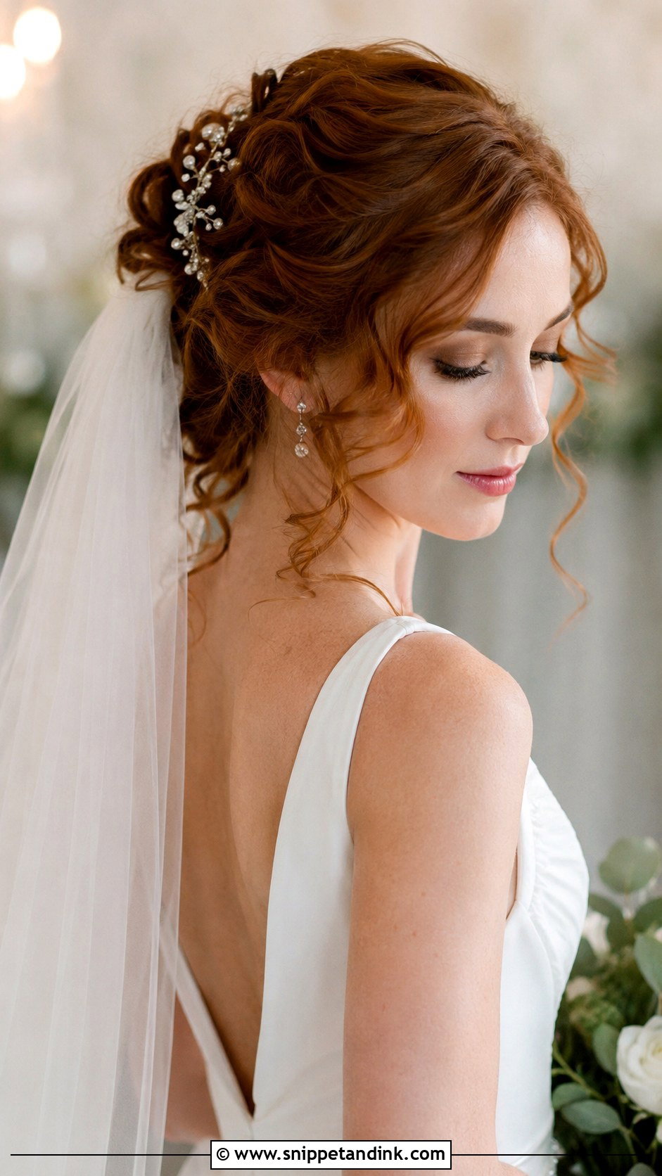 Pinned Back Curls with Veil for Medium Hair - Snippet and Ink - 25 Mid Length Bridal Hair Ideas