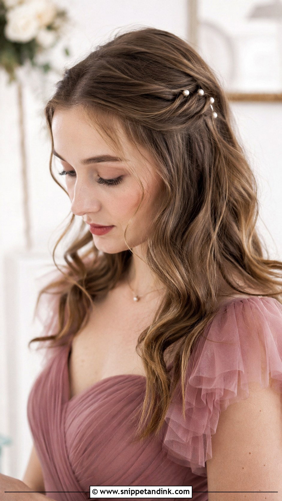 Pinned Back Pearl Accents - Snippet and Ink - 20 Medium Length Wedding Guest Hair Ideas