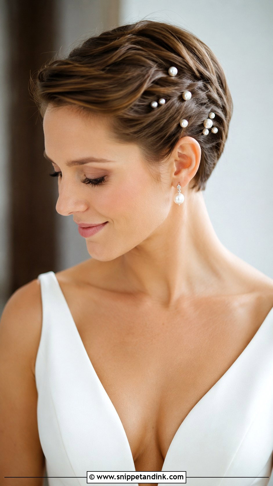 Pinned Back Pixie With Pearls - Snippet and Ink - 25 Short Wedding Hairstyle Ideas