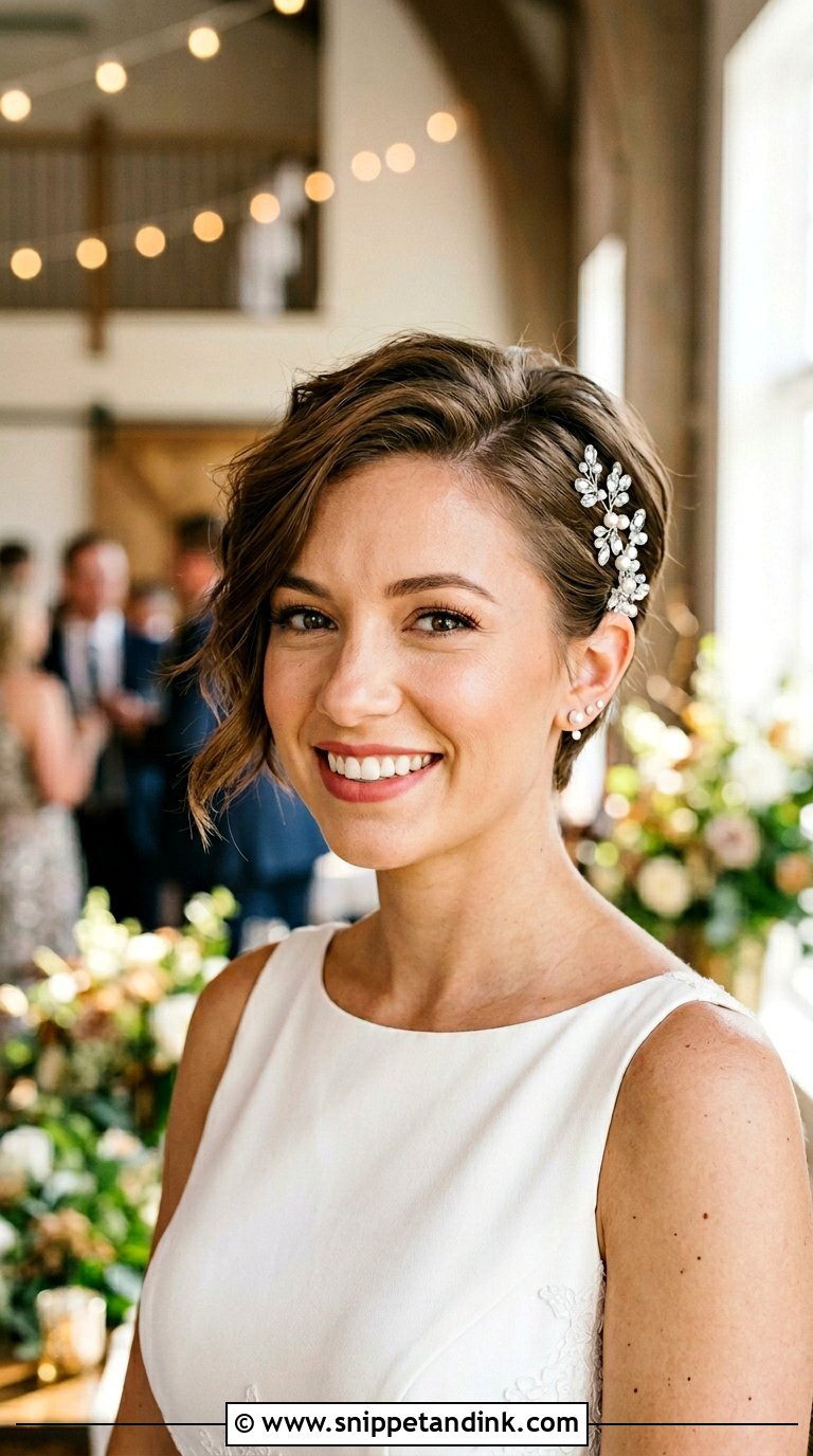 Pinned Back Pixie with Accessories - Snippet and Ink - 20 Bride Hairstyles for Short Hair