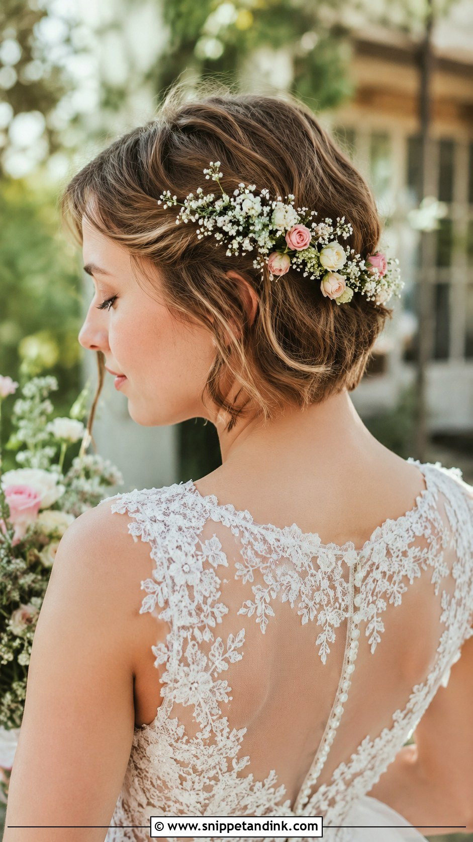 Pinned Back Short Hair With Flowers - Snippet and Ink - 20 Bridal Hairstyle for Short Hair Ideas