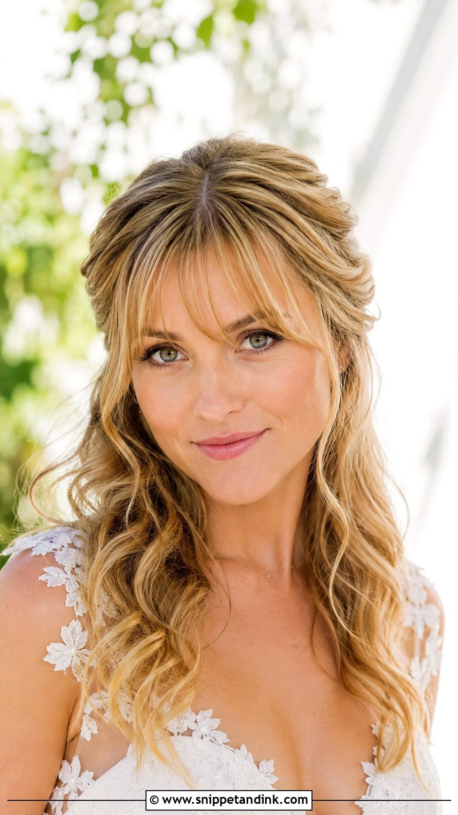 Pinned Back Style with Wispy Bangs - Snippet and Ink - 25 Bridal Hairstyles with Bangs