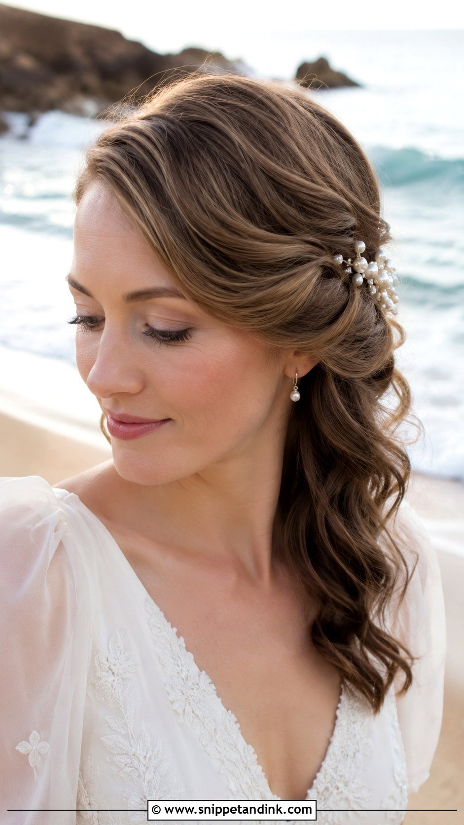 Pinned Back Waves With Accessory - Snippet and Ink - 20 Beach Wedding Guest Hairstyles