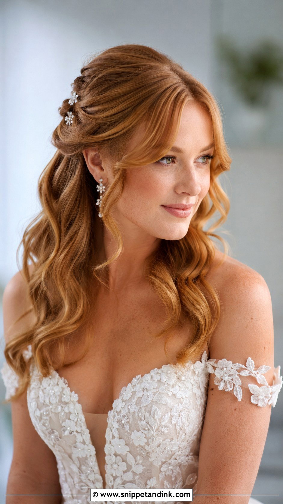 Pinned Back Waves With Curtain Bangs - Snippet and Ink - 20 Wedding Hair with Curtain Bangs Ideas