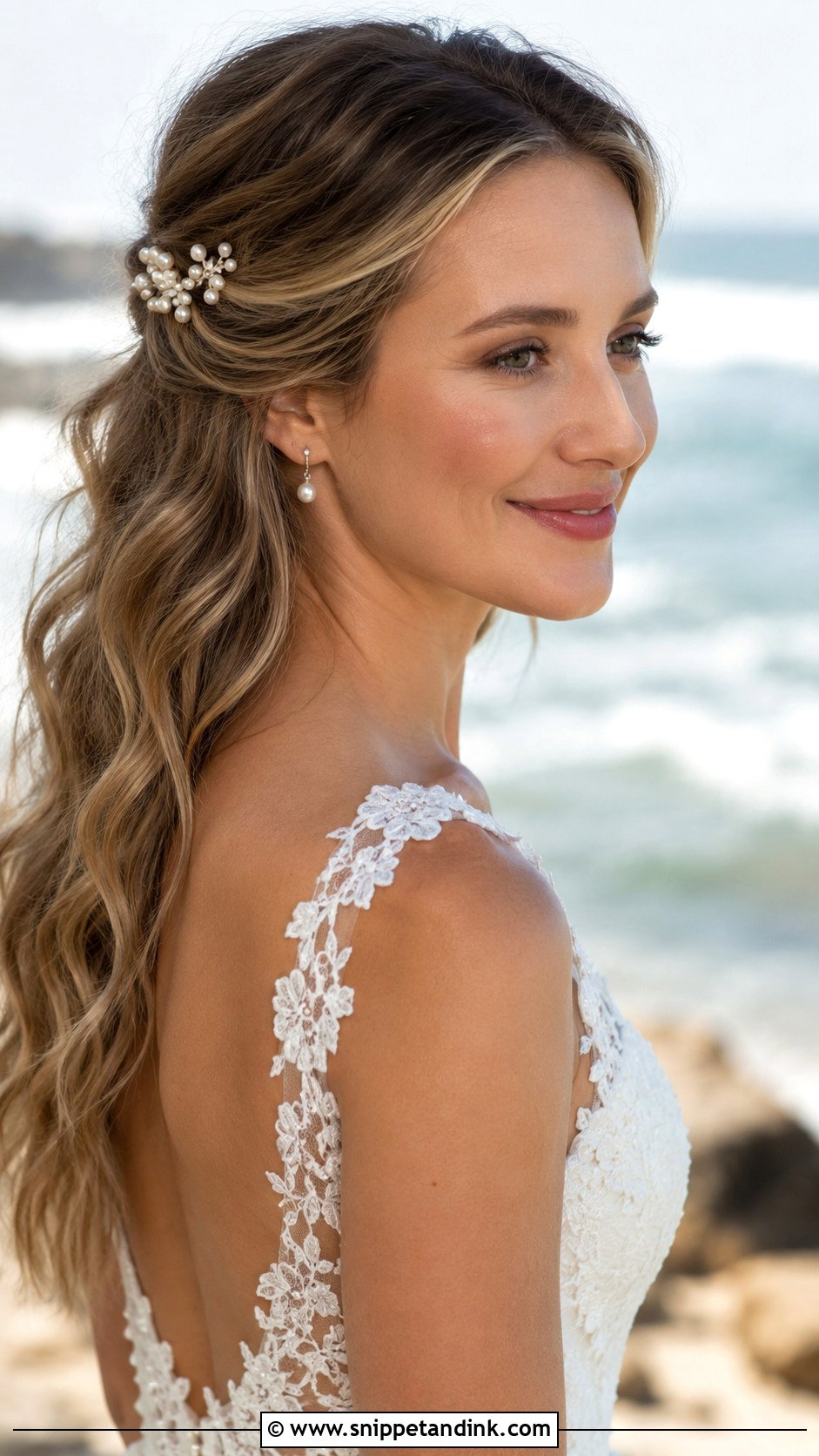 Pinned Back Waves With Pearls - Snippet and Ink - 25 Beach Bridal Hair Ideas
