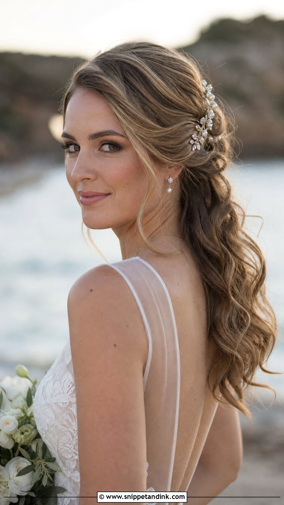 Pinned Back Waves With Side Part - Snippet and Ink - 20 Mid Length Wedding Hair Ideas