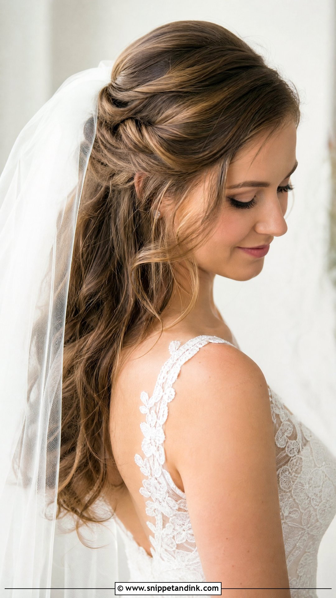 Pinned Back Waves With Veil - Snippet and Ink - 20 Wedding Hair 2025 Ideas