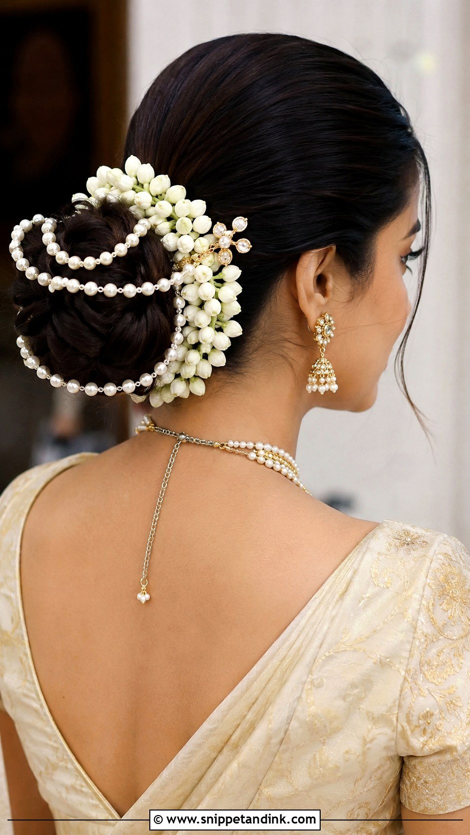 Pinned Bun with Pearl Accessories - Snippet and Ink - 25 South Indian Bride Muhurtham Hairstyle Ideas