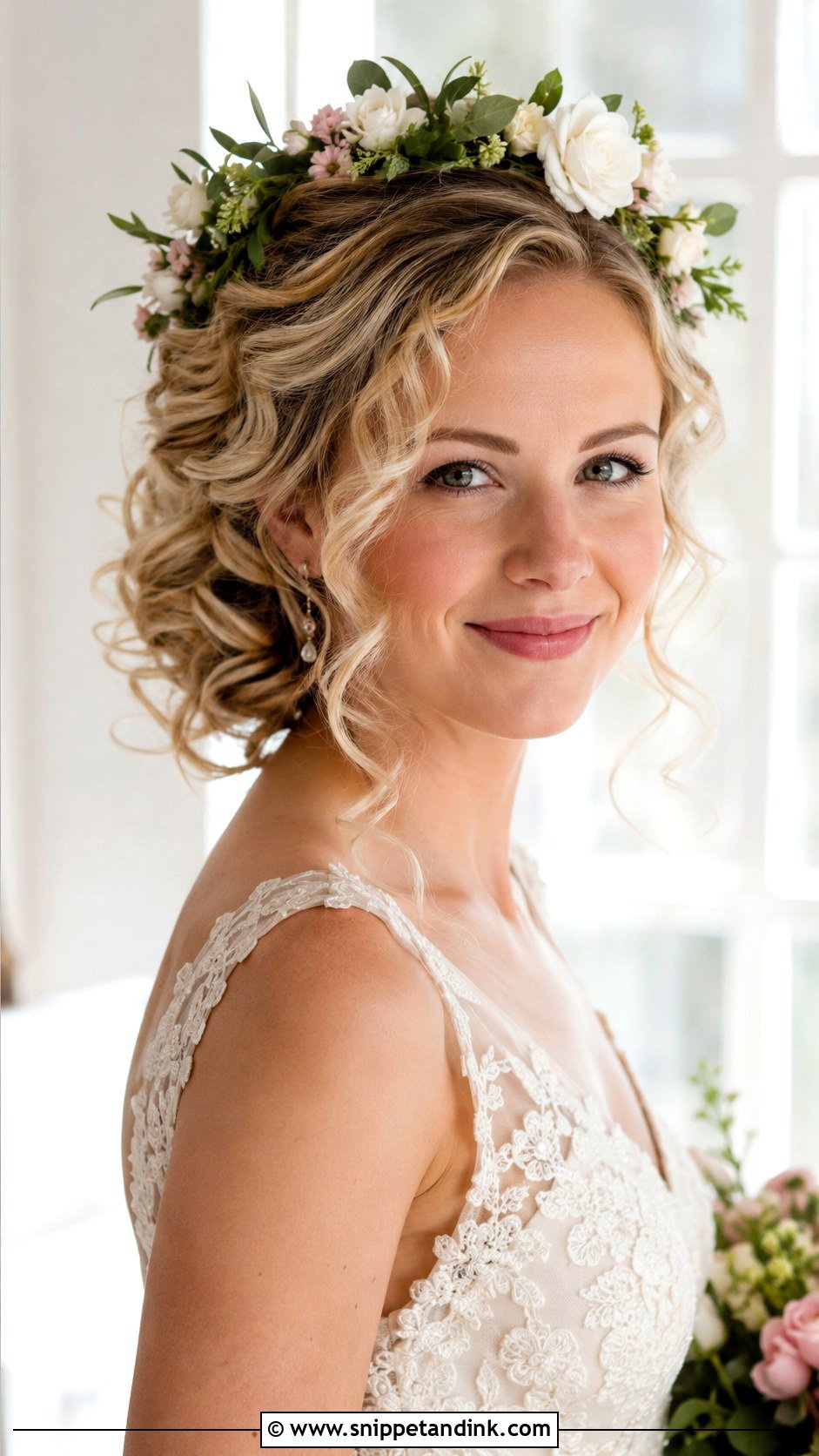 Pinned Curls With a Flower Crown - Snippet and Ink - 20 Updo Wedding Hairstyles for Short Hair