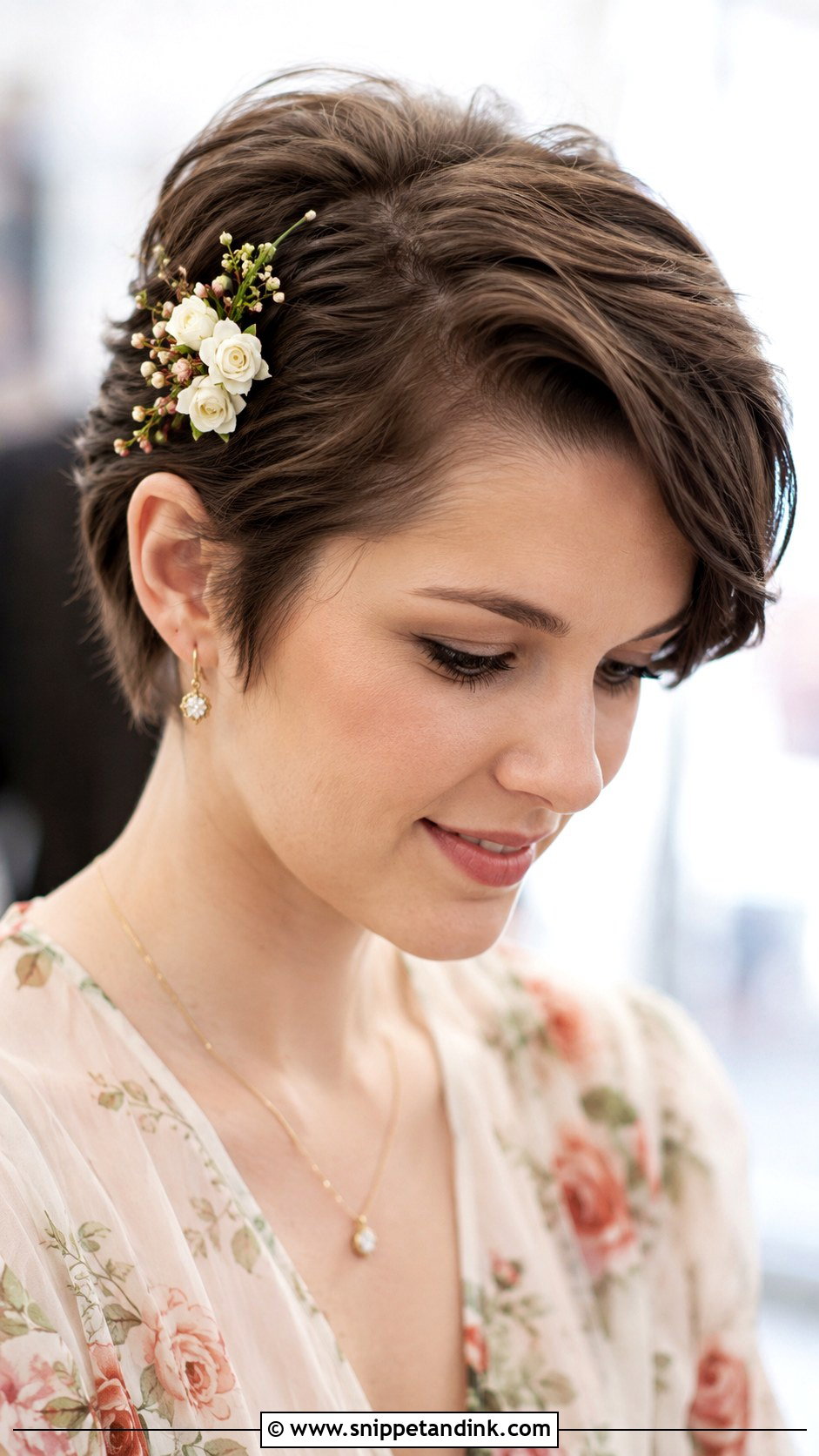 Pinned Pixie With Floral Accessory - Snippet and Ink - 20 Engagement Hairstyles for Short Hair