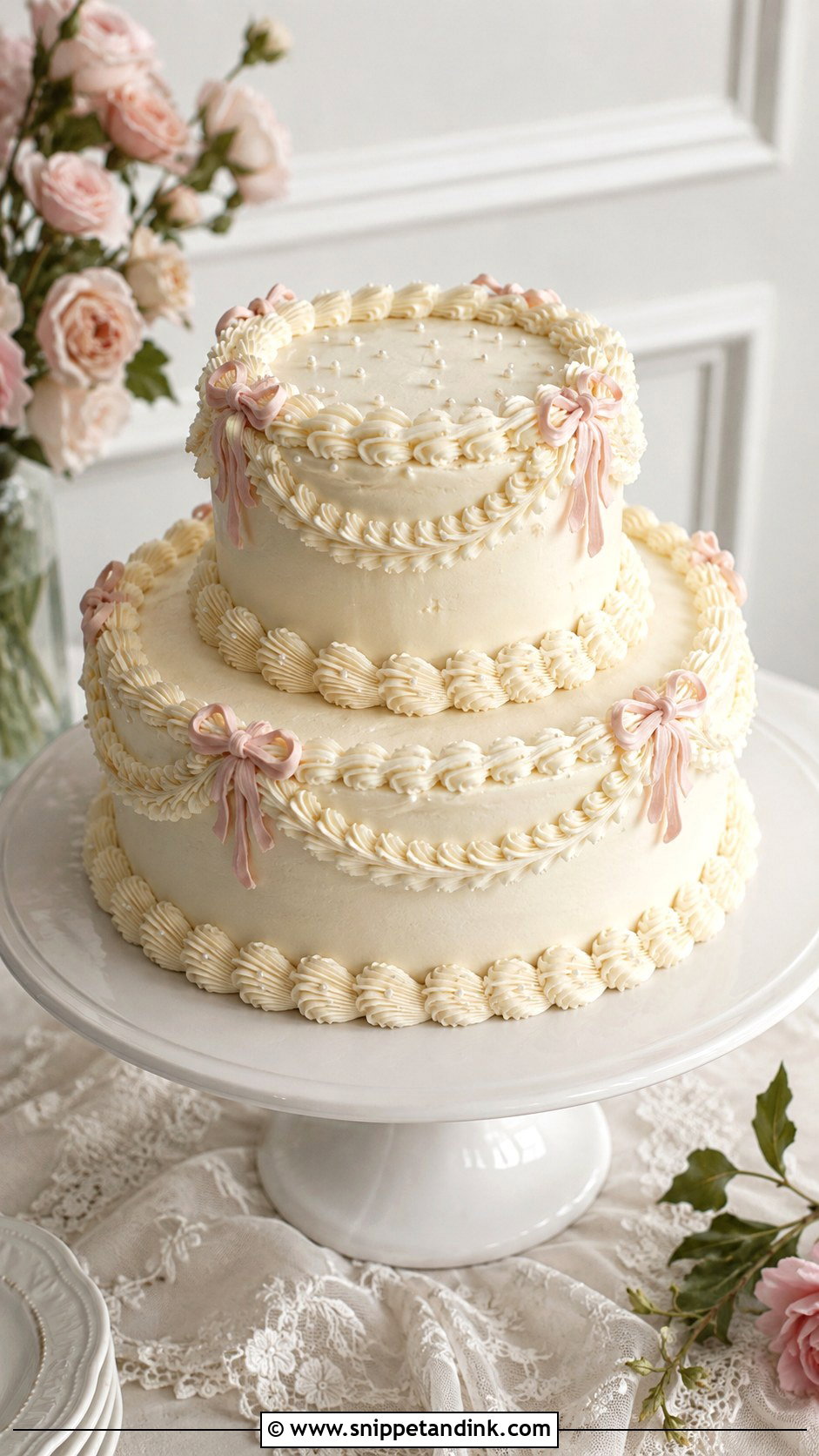 Piped Bow Wedding Cake - Snippet and Ink - 20 Traditional Piping Wedding Cake Ideas