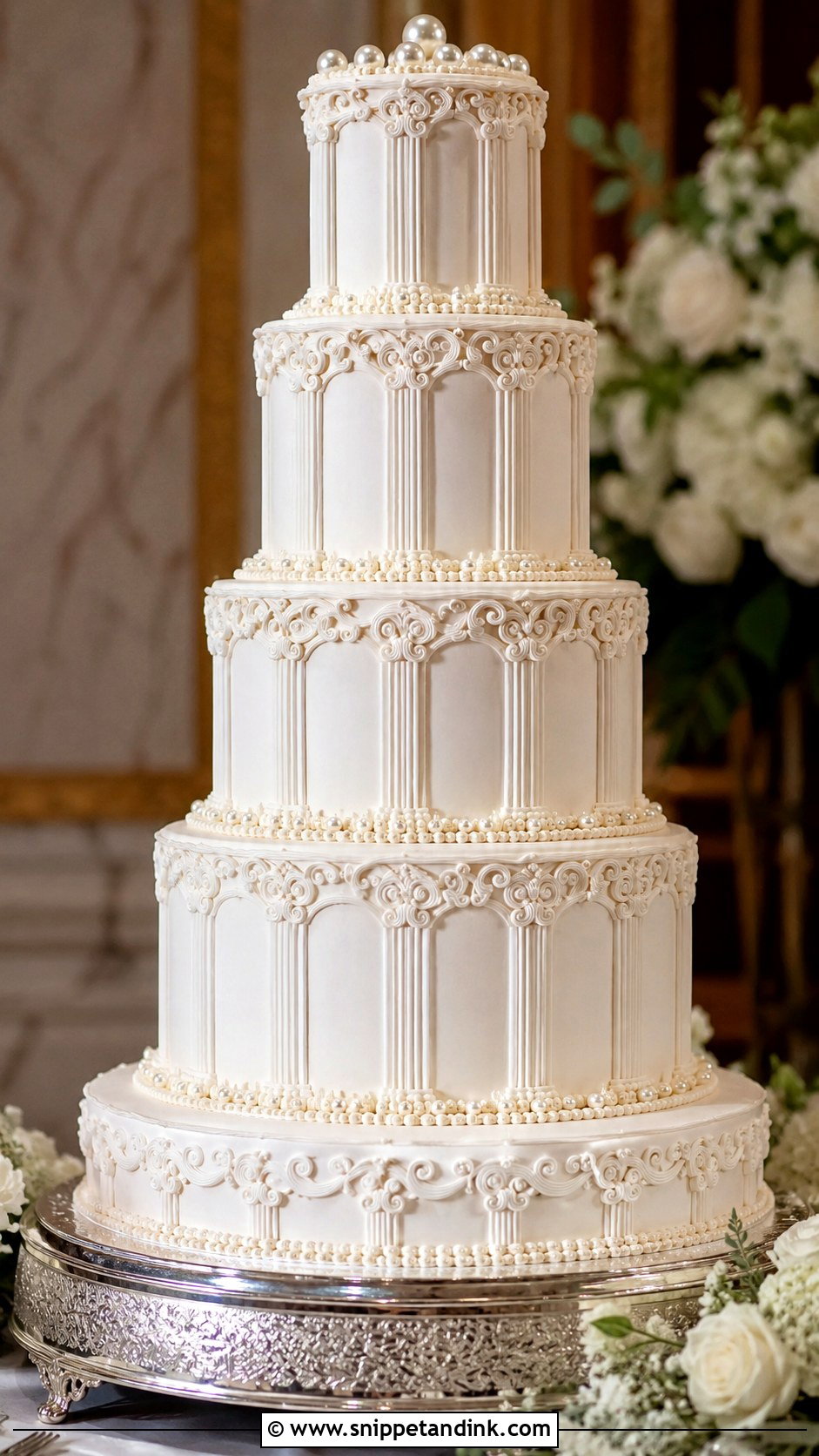 Piped Column Wedding Cake - Snippet and Ink - 20 Traditional Piping Wedding Cake Ideas
