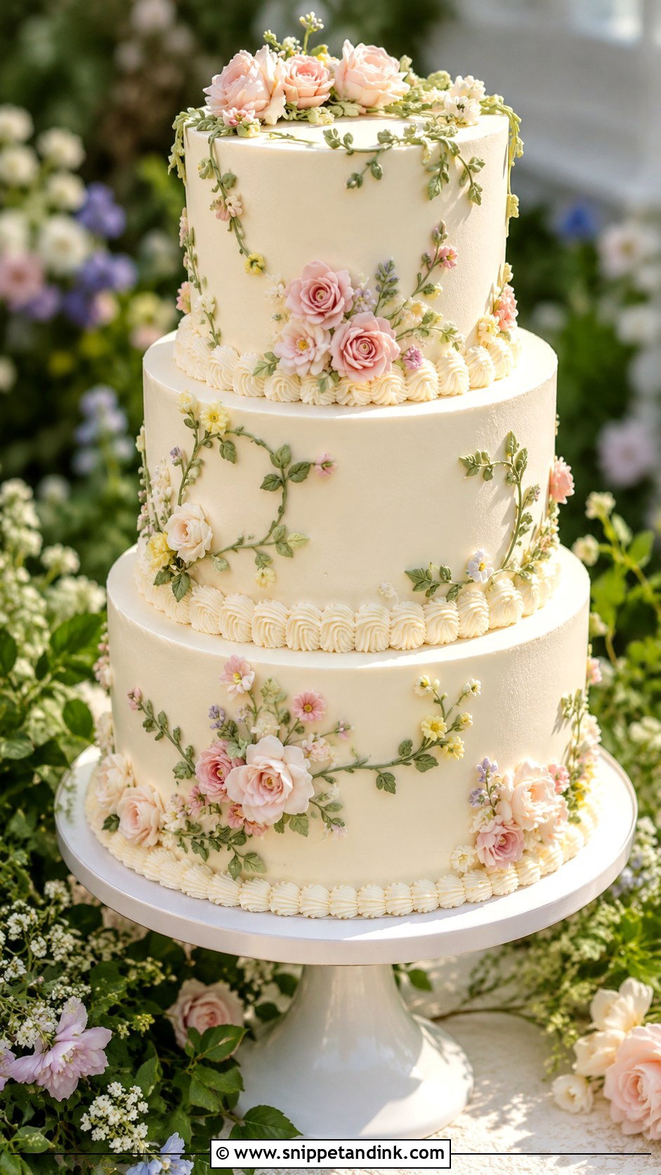 Piped Floral Wedding Cake - Snippet and Ink - 20 Traditional Piping Wedding Cake Ideas