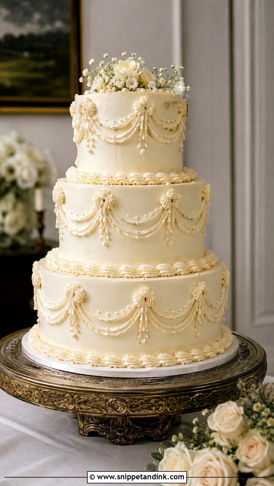 Piped Garland Wedding Cake - Snippet and Ink - 20 Traditional Piping Wedding Cake Ideas
