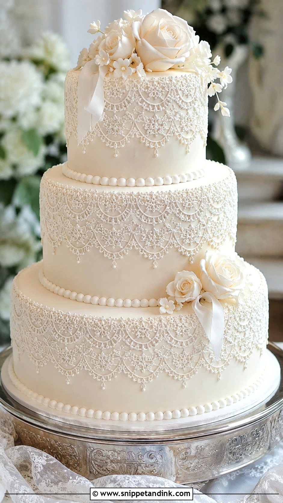 Piped Lace Wedding Cake - Snippet and Ink - 20 Wedding Cake Decorating Techniques