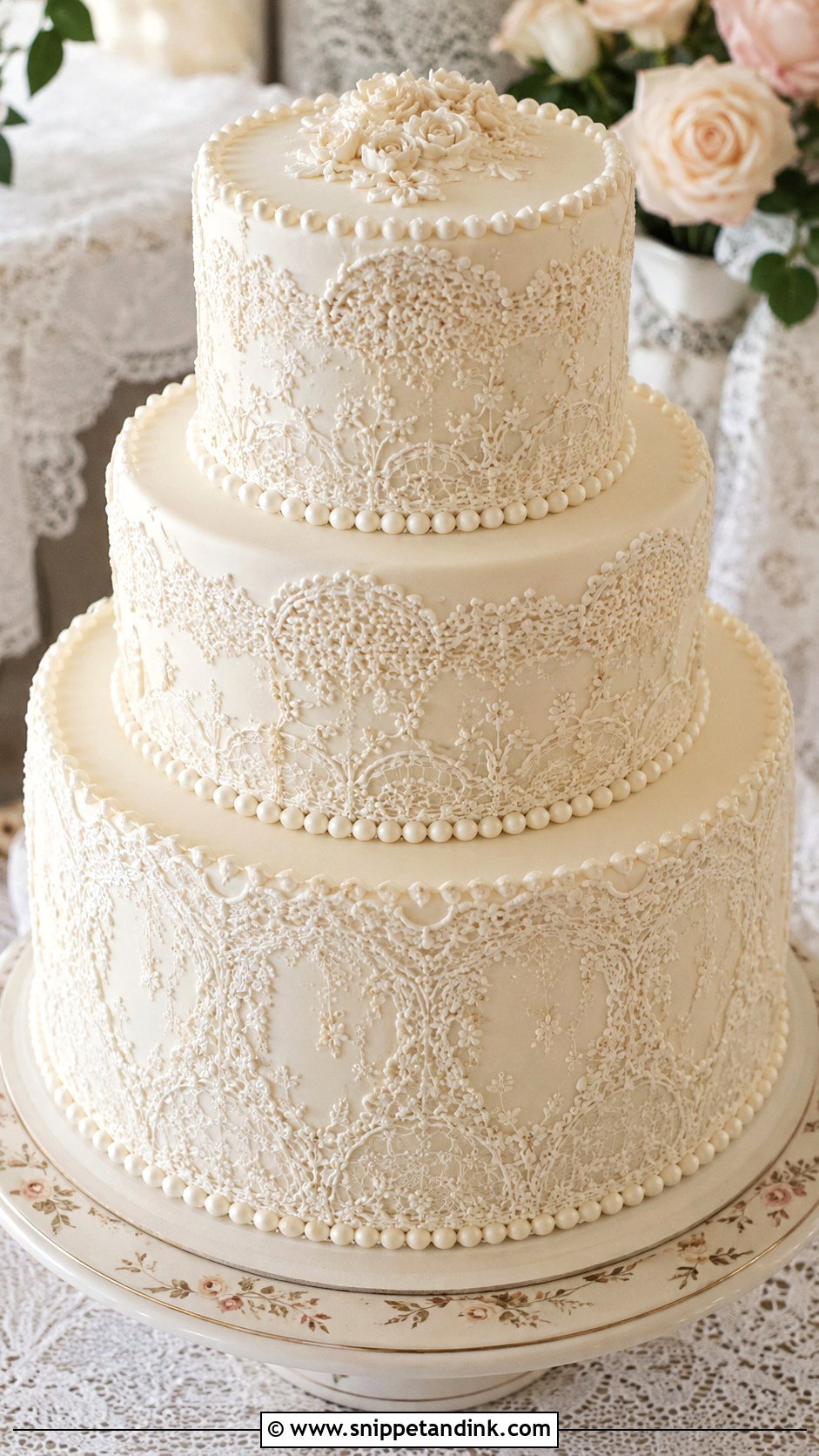Piped Lace Wedding Cake - Snippet and Ink - 20 Traditional Piping Wedding Cake Ideas