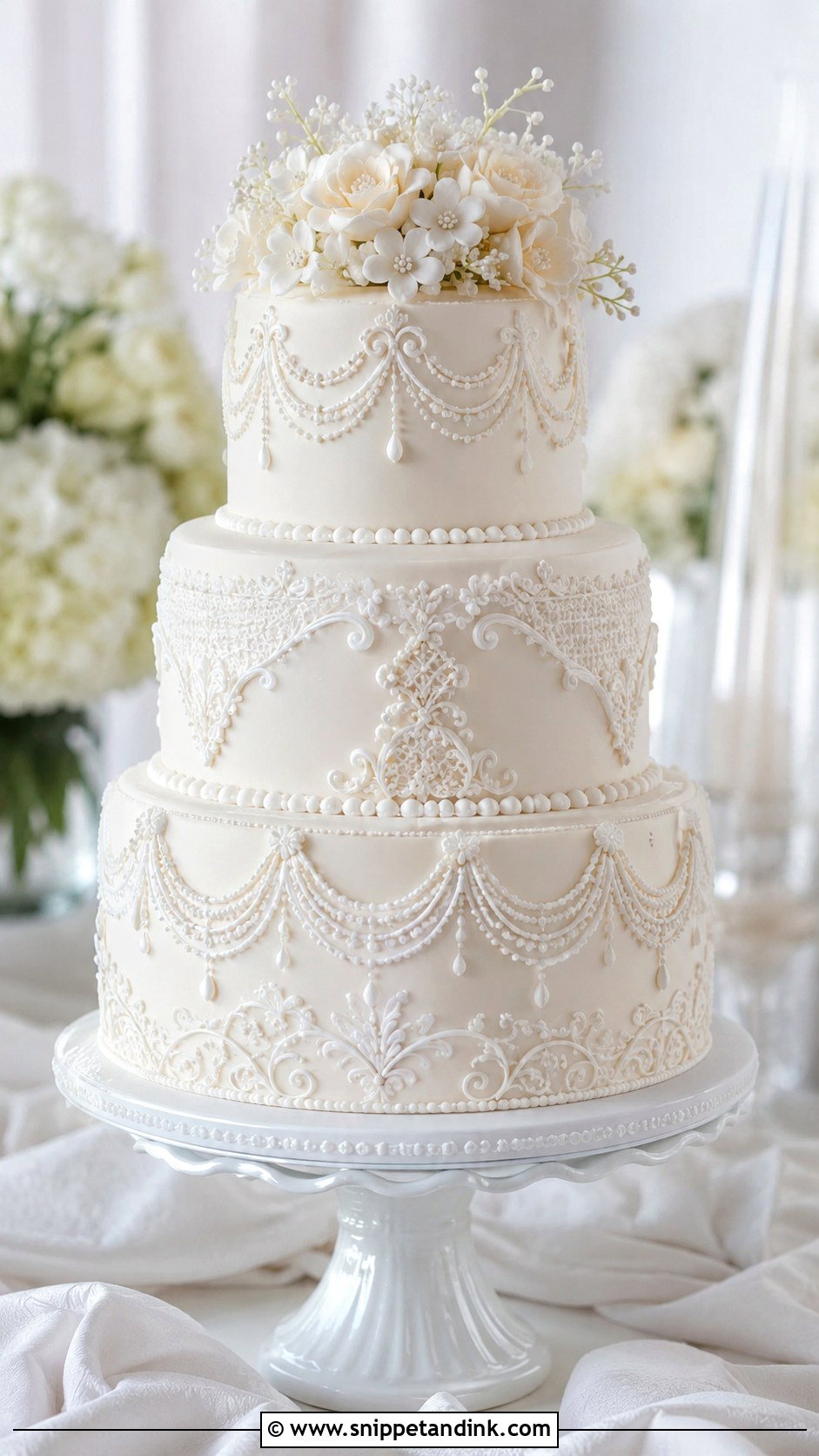 Piped Pearl Wedding Cake - Snippet and Ink - 20 Traditional Piping Wedding Cake Ideas