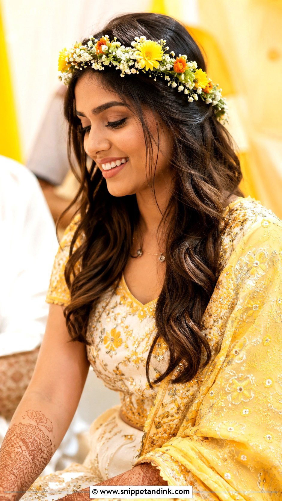 Pithi Loose Waves With Floral Crown - Snippet and Ink - 15 Pithi Hair Styles for Bride