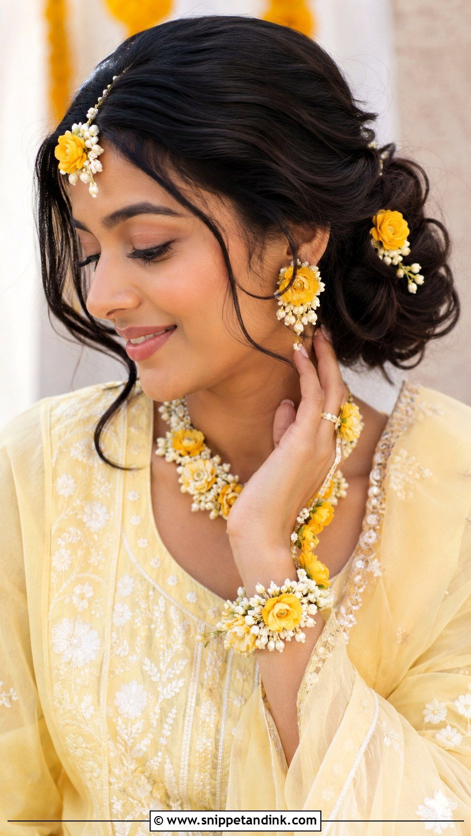 Pithi Messy Bun With Floral Pins - Snippet and Ink - 15 Pithi Hair Styles for Bride