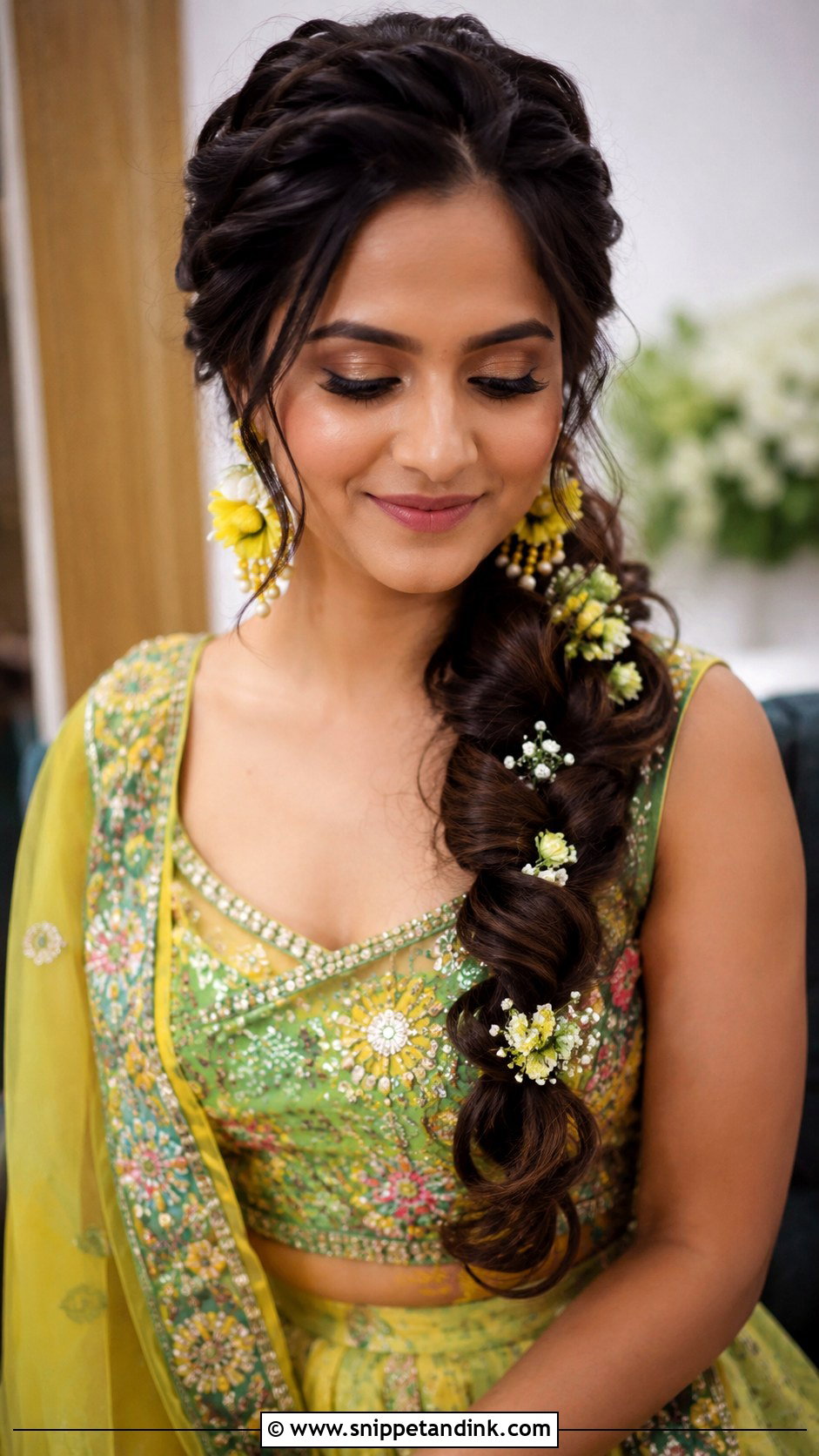 Pithi Side Braid With Flowers - Snippet and Ink - 15 Pithi Hair Styles for Bride