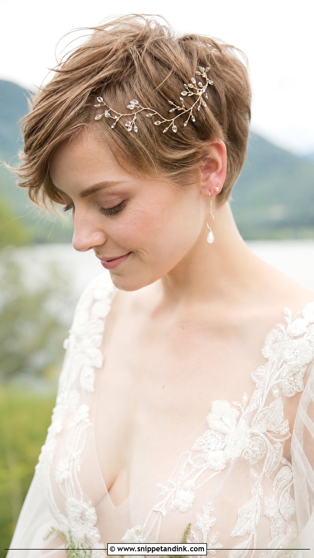 Pixie Cut With Delicate Hair Vine - Snippet and Ink - 20 Pixie Short Hair Wedding Styles