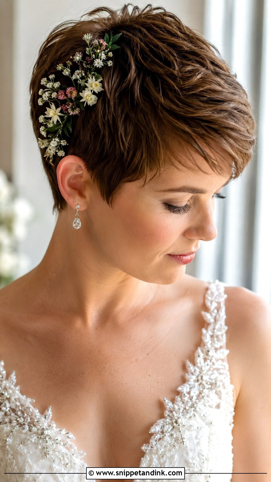 Pixie Cut With Floral Accents - Snippet and Ink - 25 Bridal Hairstyles for Short Hair