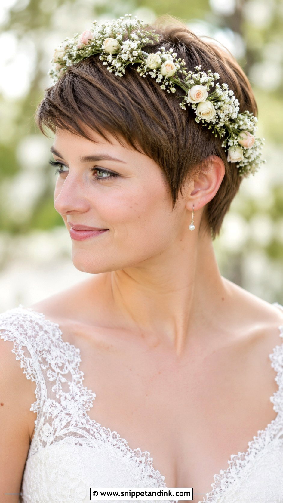 Pixie Cut With Floral Crown - Snippet and Ink - 25 Bride Short Hairstyles