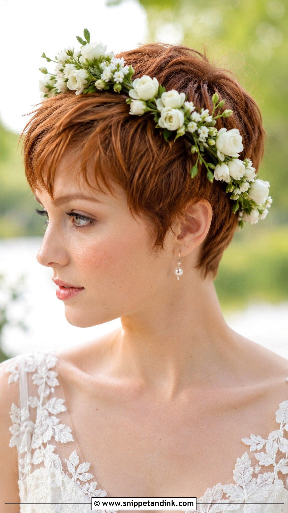 Pixie Cut With Floral Crown - Snippet and Ink - 30 Short Bridal Hair Ideas