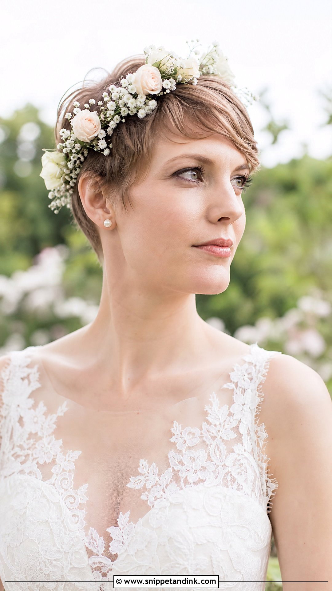 Pixie Cut With Floral Crown - Snippet and Ink - 20 Pixie Short Hair Wedding Styles