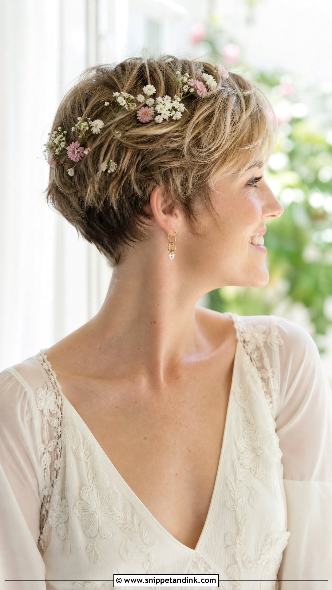 Pixie Cut With Floral Hair Pins - Snippet and Ink - 20 Pixie Short Hair Wedding Styles