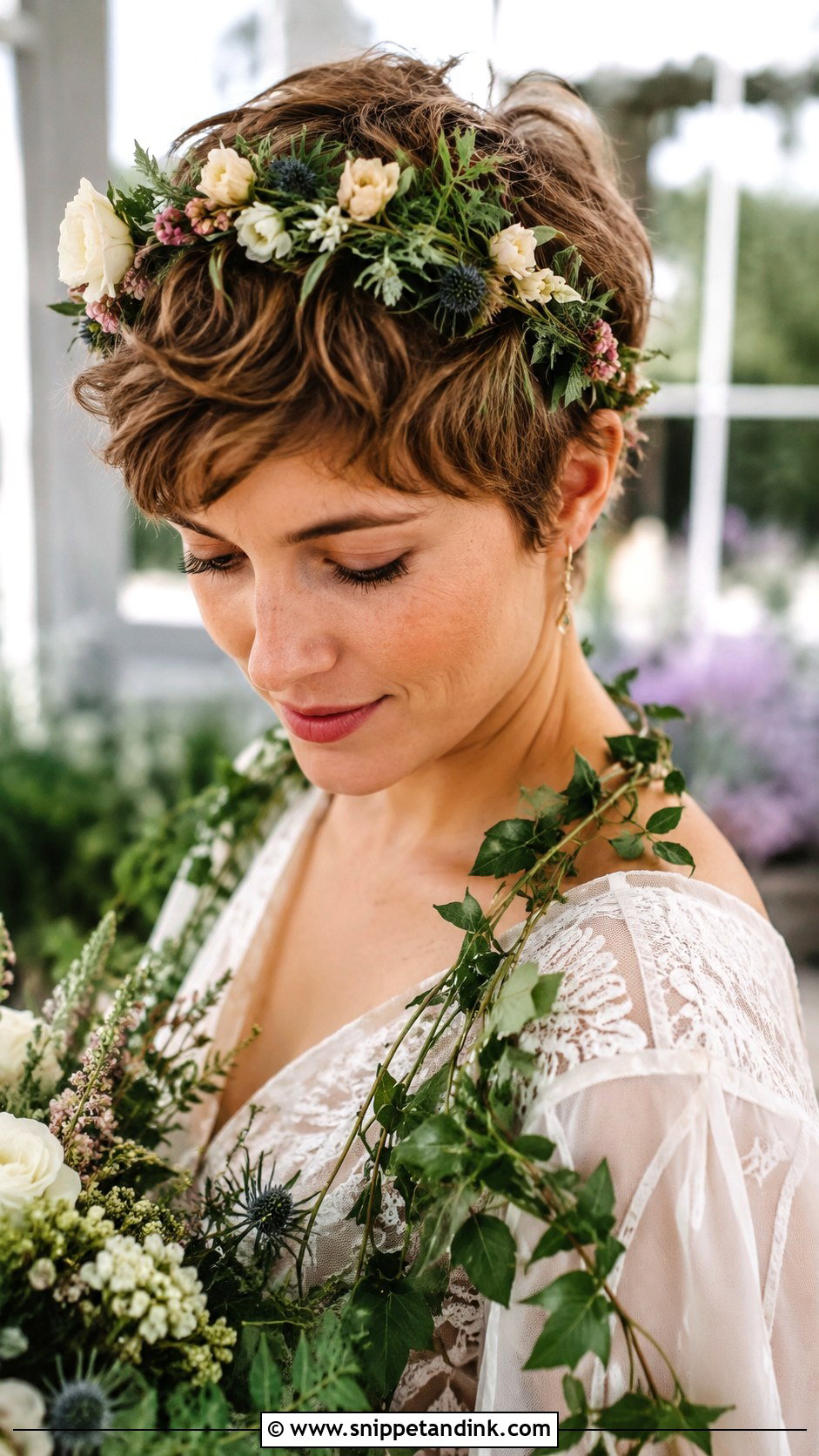 Pixie Cut With Flower Crown - Snippet and Ink - 35 Wedding Hairstyles for Short Hair