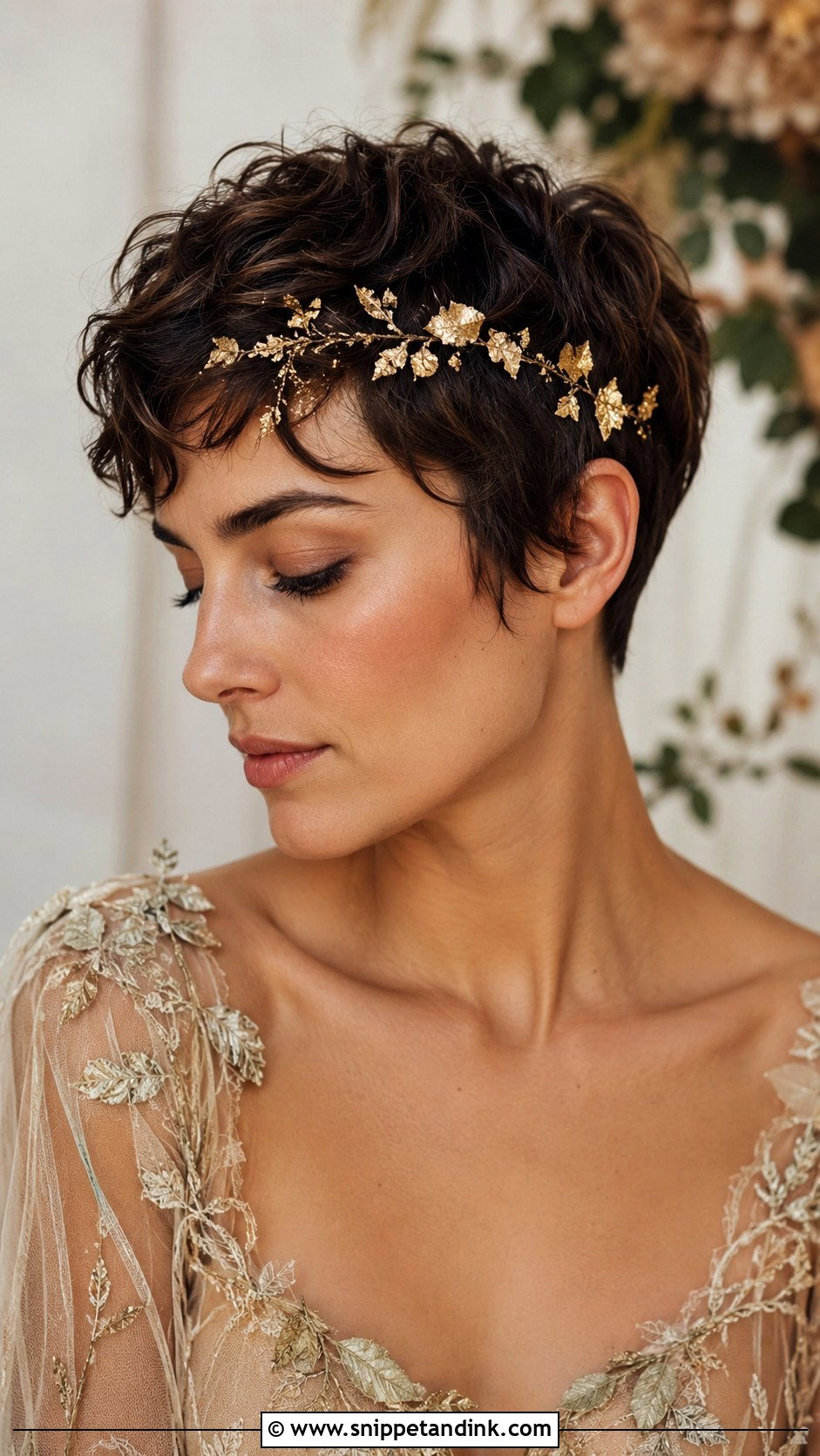 Pixie Cut With Gold Leaf Accents - Snippet and Ink - 25 Pixie Cut Wedding Hair Ideas